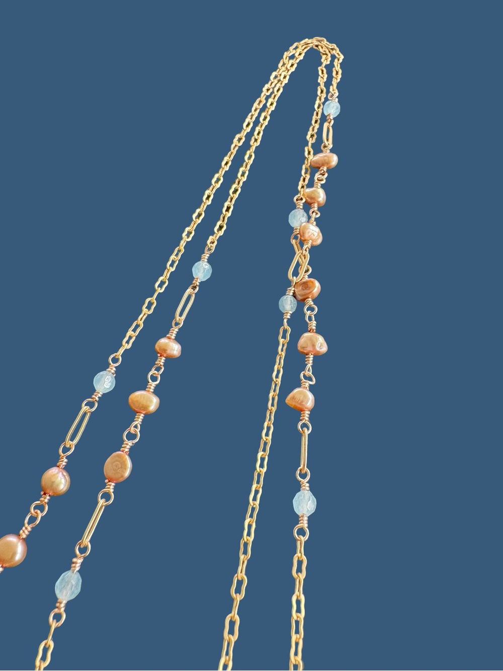 Gold Chain Necklace with Peach Pearls and Light Blue Beads